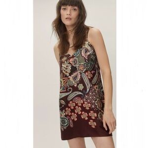 NEW Nasty Gal Paisley V Neck Mini Slip Dress Brown Sleeveless Women’s Size 16